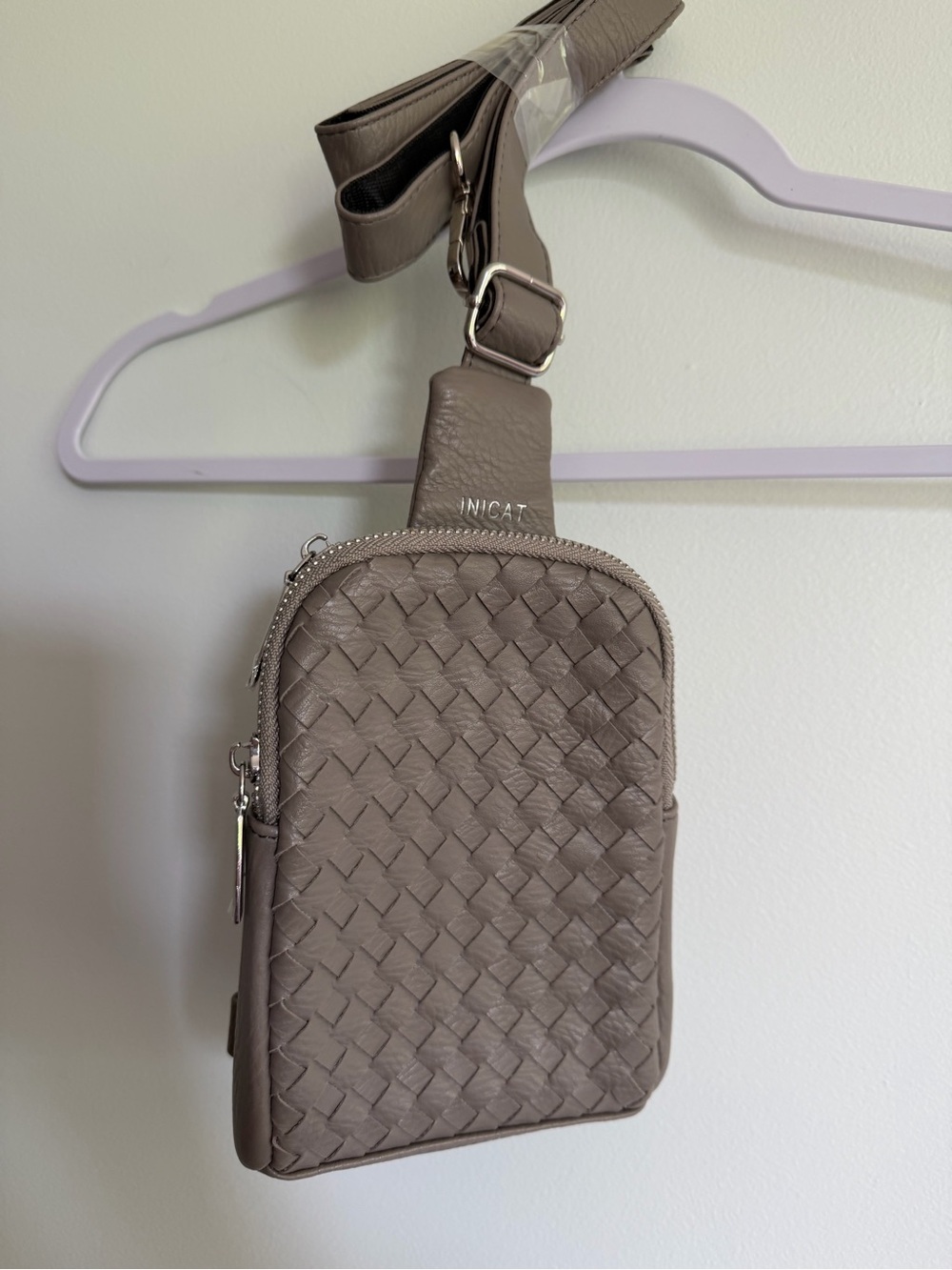 Inicat Taupe Woven Faux Leather Sling Crossbody Bag New